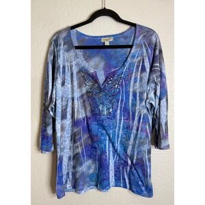 One World Womens 3X Blue Purple Floral Sequin 3/4 Sleeve Knit Top Bouse Boho